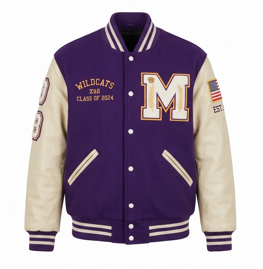 Purple Wool & Real Leather Varsity Jacket – Men’s & Women’s Classic Letterman Jacket - Image 2