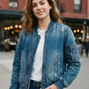 Women’s Vintage Distressed Denim Bomber Jacket in Indigo Blue