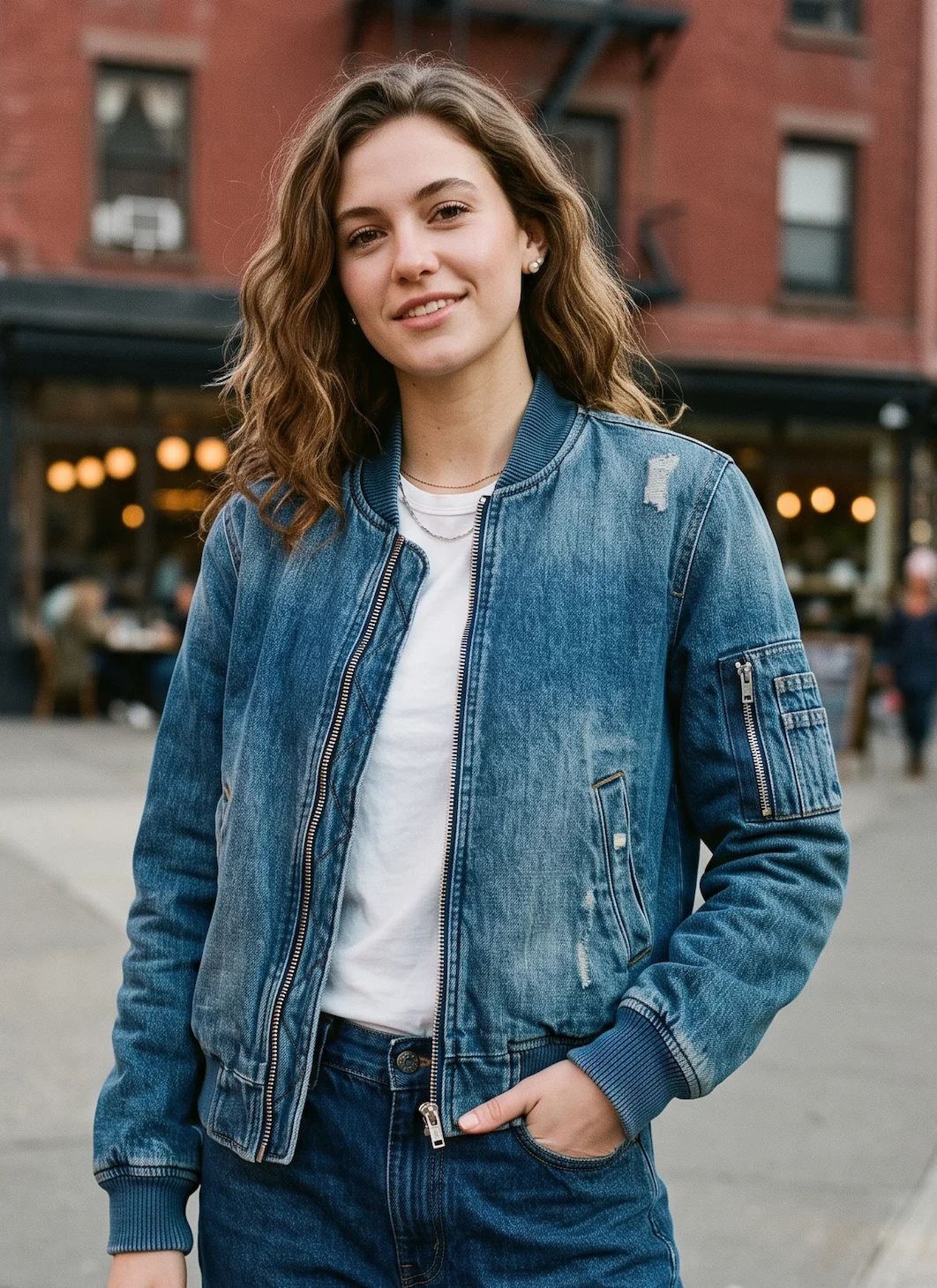 Women’s Vintage Distressed Denim Bomber Jacket in Indigo Blue