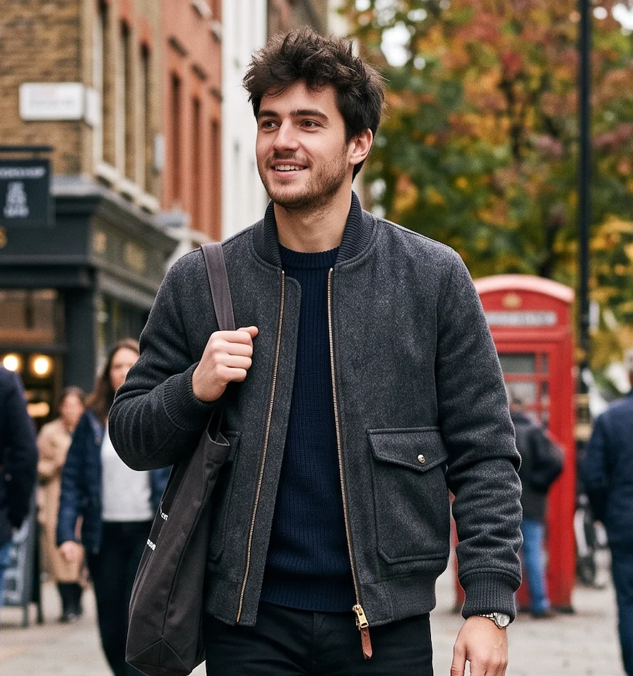 Men's Charcoal Wool Bomber Jacket with Flap Pockets