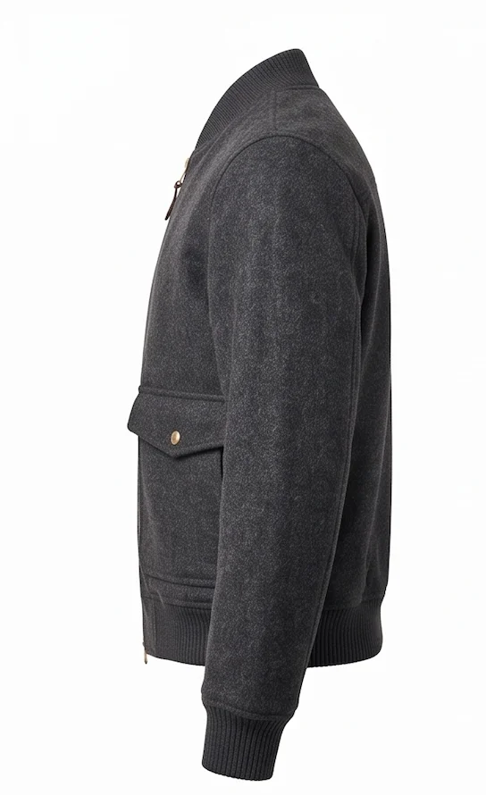 Men's Charcoal Wool Bomber Jacket with Flap Pockets - Image 6