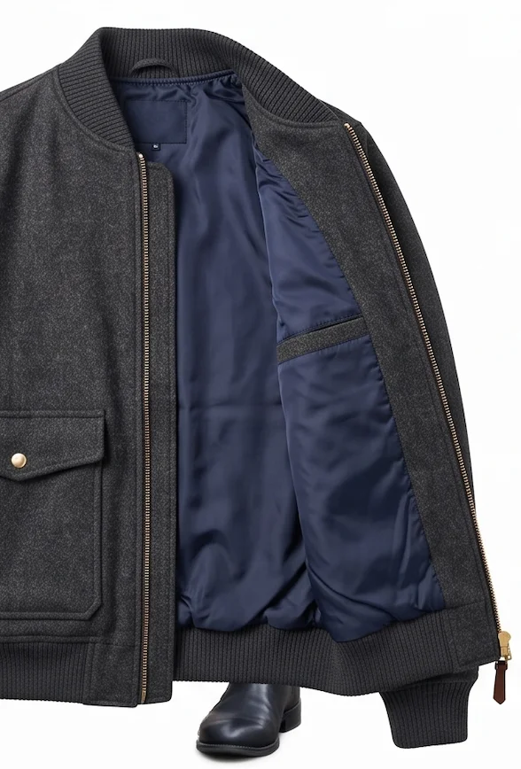 Men's Charcoal Wool Bomber Jacket with Flap Pockets - Image 5