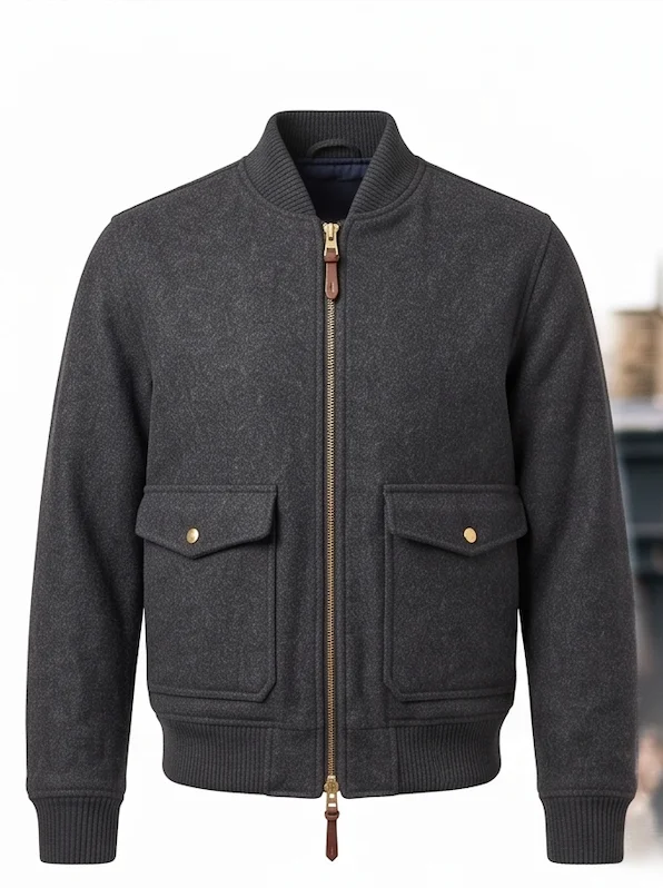 Men's Charcoal Wool Bomber Jacket with Flap Pockets - Image 2