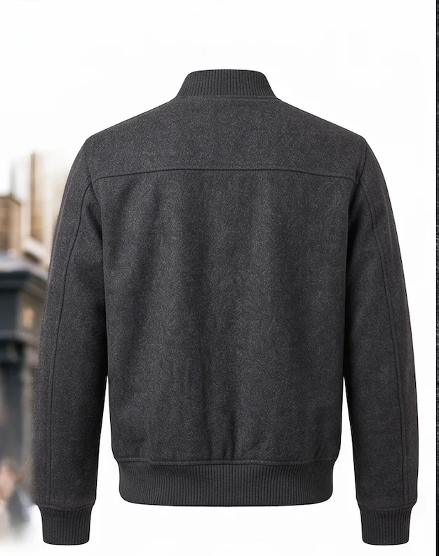 Men's Charcoal Wool Bomber Jacket with Flap Pockets - Image 3