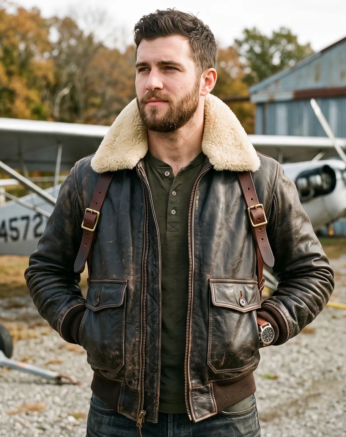 Men’s Dark Brown Vintage Bomber Leather Jacket with Sherpa Fur Collar & Back Straps