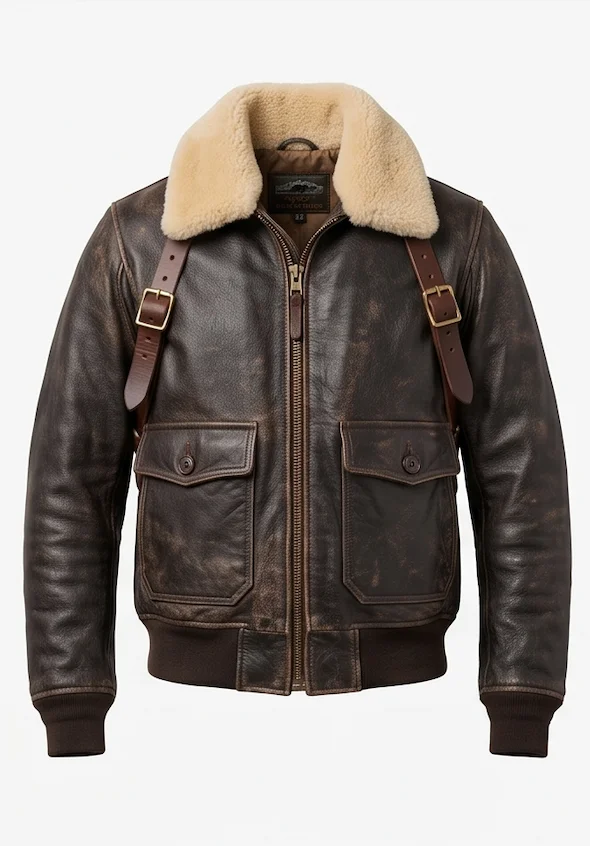 Men’s Dark Brown Vintage Bomber Leather Jacket with Sherpa Fur Collar & Back Straps - Image 2