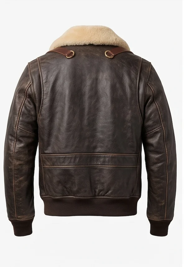 Men’s Dark Brown Vintage Bomber Leather Jacket with Sherpa Fur Collar & Back Straps - Image 5