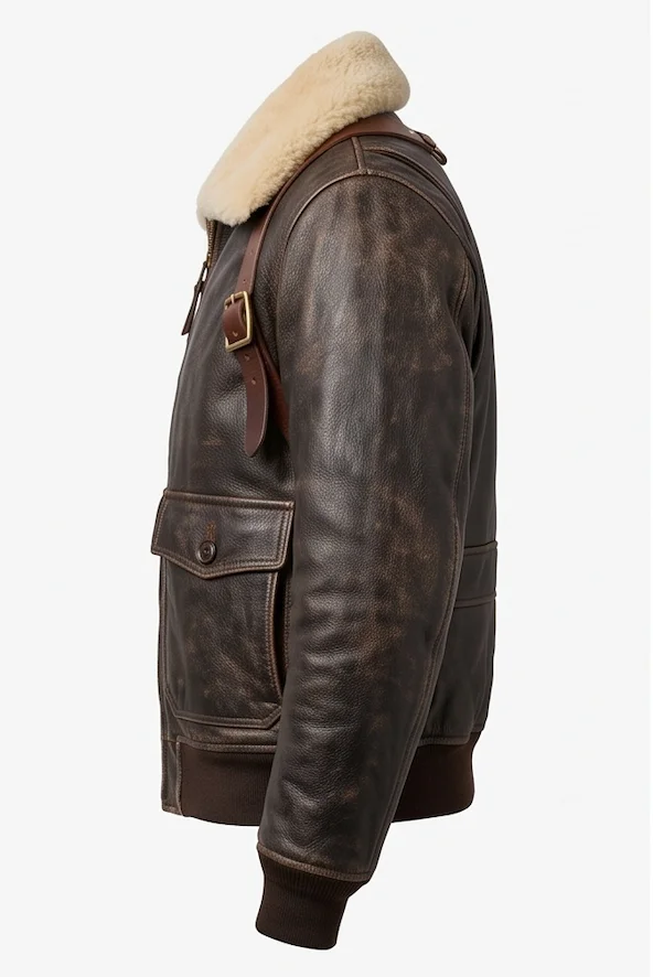 Men’s Dark Brown Vintage Bomber Leather Jacket with Sherpa Fur Collar & Back Straps - Image 4
