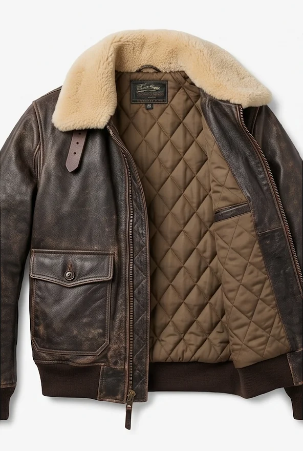 Men’s Dark Brown Vintage Bomber Leather Jacket with Sherpa Fur Collar & Back Straps - Image 3