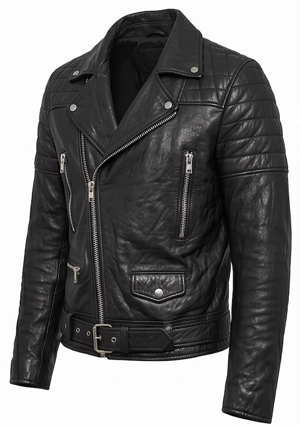 Men's Black Quilted Leather Biker Jacket – Vintage Moto Asymmetrical Style - Image 6