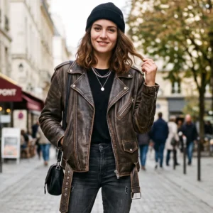 Women's Distressed Antique Brown Leather Biker Jacket