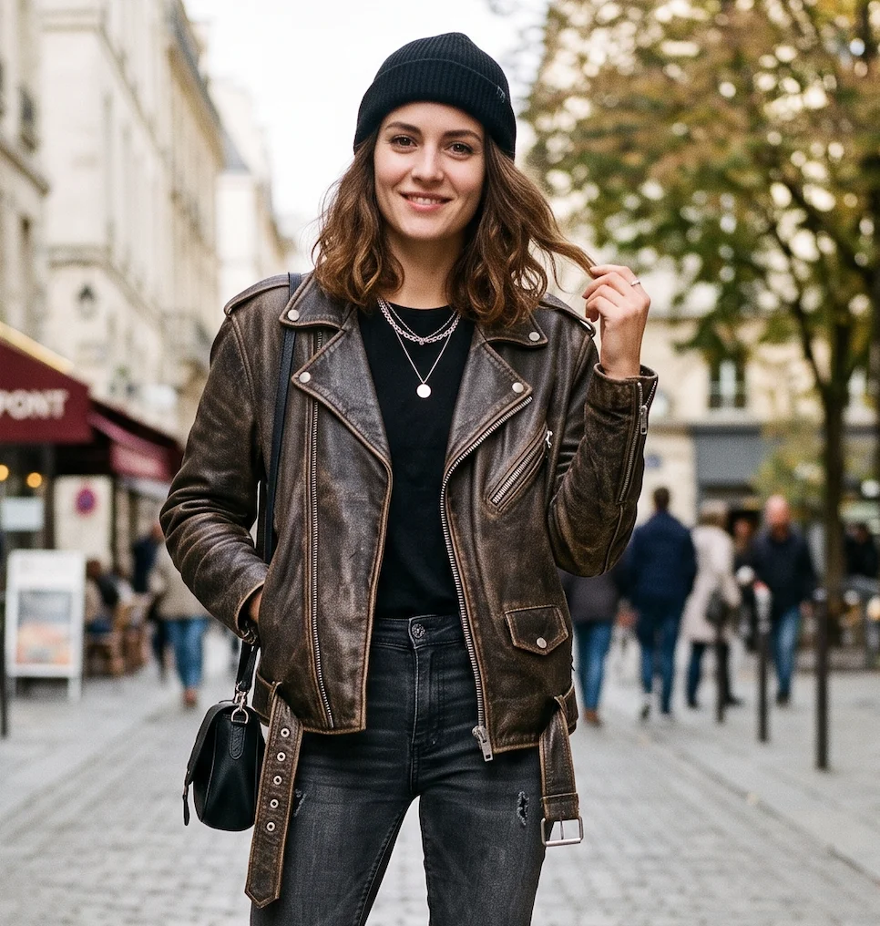 Women's Distressed Antique Brown Leather Biker Jacket