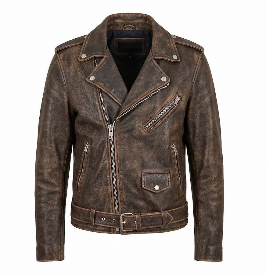 Women's Distressed Antique Brown Leather Biker Jacket - Image 2