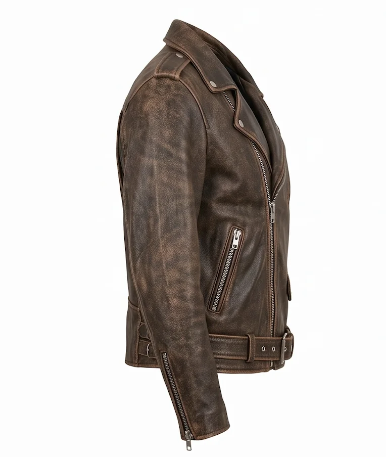 Women's Distressed Antique Brown Leather Biker Jacket - Image 5