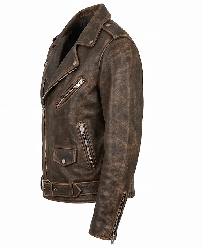 Women's Distressed Antique Brown Leather Biker Jacket - Image 4