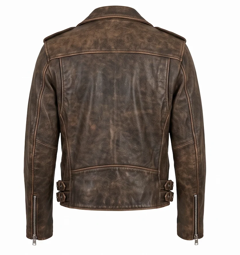 Women's Distressed Antique Brown Leather Biker Jacket - Image 3