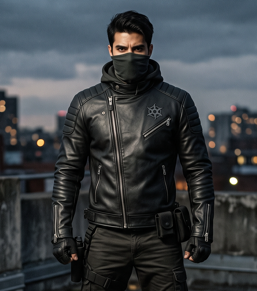 Men's Stealth Ninja Black Biker Leather Jacket – Tactical Padded Motorcycle Outerwear