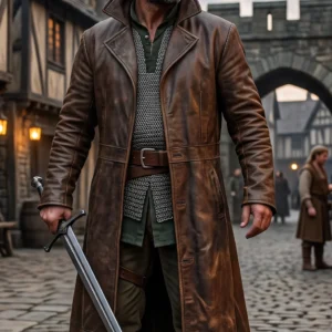 Men’s Distressed Brown Leather Trench Coat – Vintage RPG Style Full-Length Duster