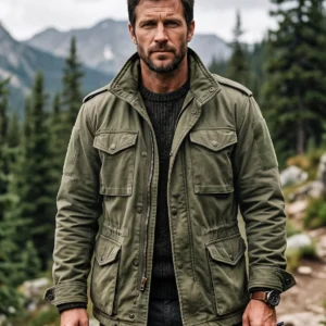 Men’s Olive Green Tactical Field Cargo Jacket – Heavyweight Canvas Military Outerwear