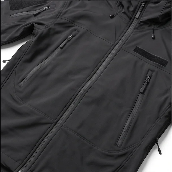 Men’s Black Tactical Softshell Jacket – Waterproof Fleece-Lined Hooded Outerwear - Image 4