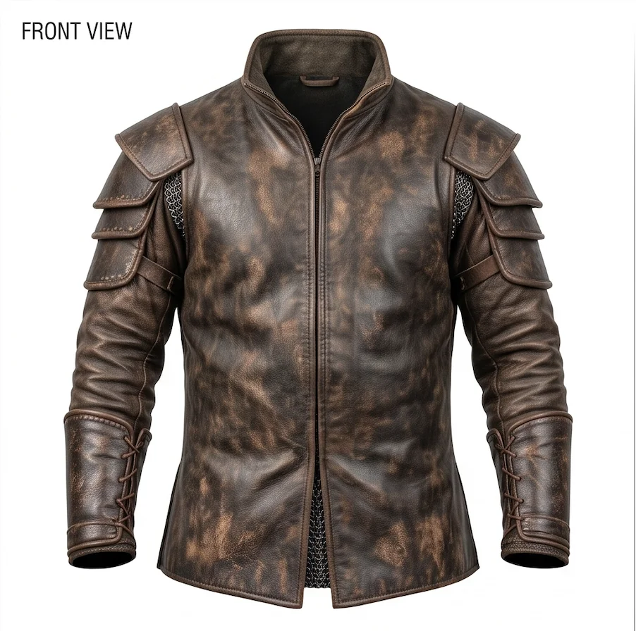 Antique Brown Distressed Medieval Warrior Leather Jacket with Shoulder Pauldrons - Image 2