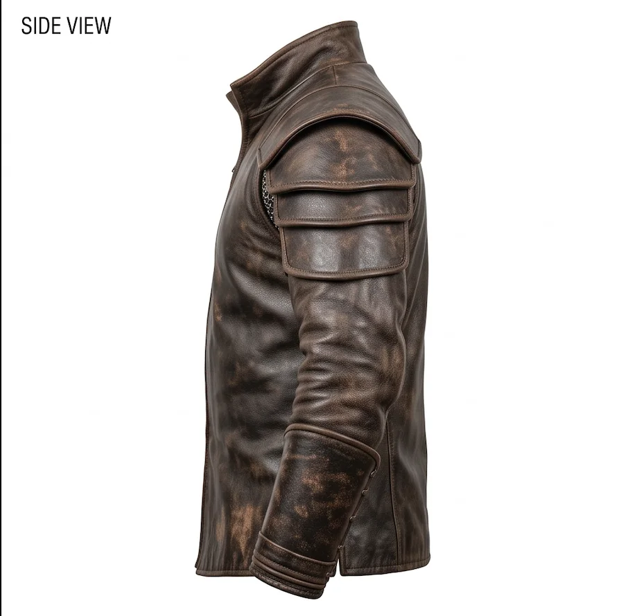 Antique Brown Distressed Medieval Warrior Leather Jacket with Shoulder Pauldrons - Image 5