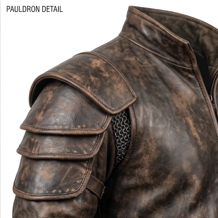 Antique Brown Distressed Medieval Warrior Leather Jacket with Shoulder Pauldrons - Image 4