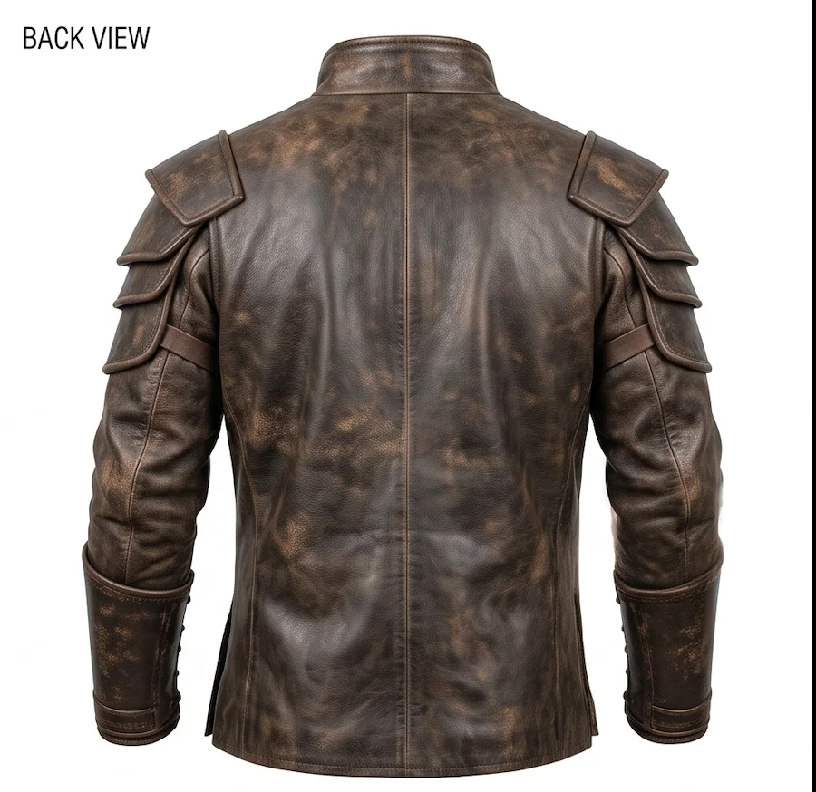 Antique Brown Distressed Medieval Warrior Leather Jacket with Shoulder Pauldrons - Image 3