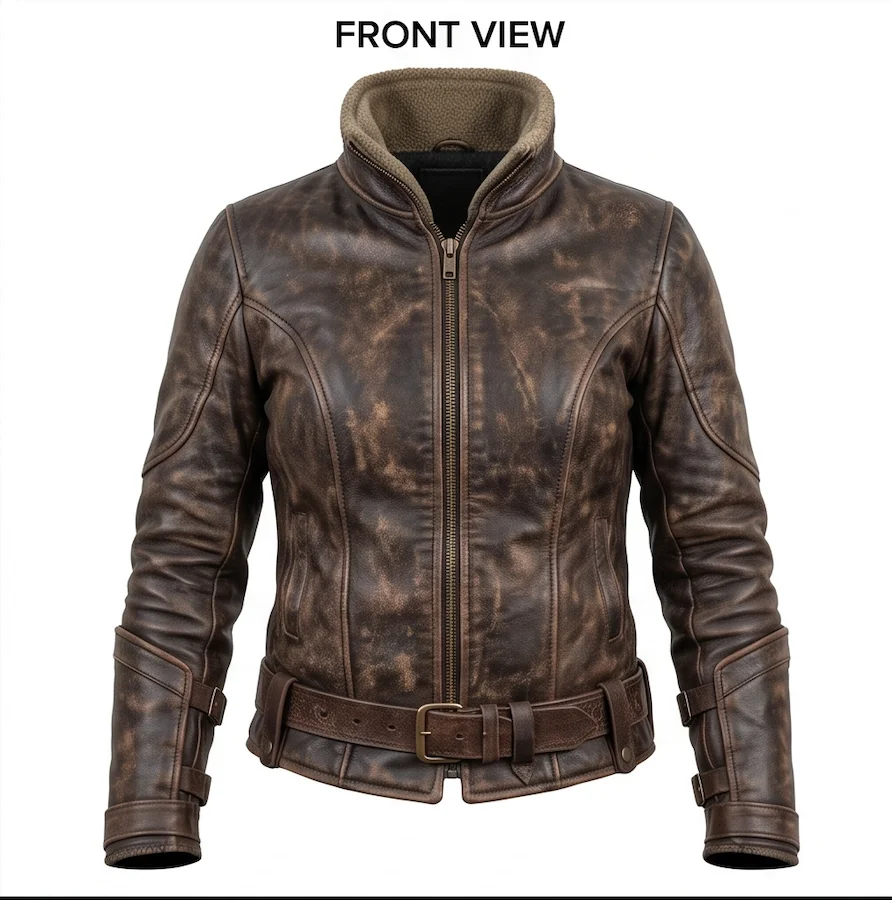 Women’s Distressed Antique Brown Warrior Leather Jacket - Image 2