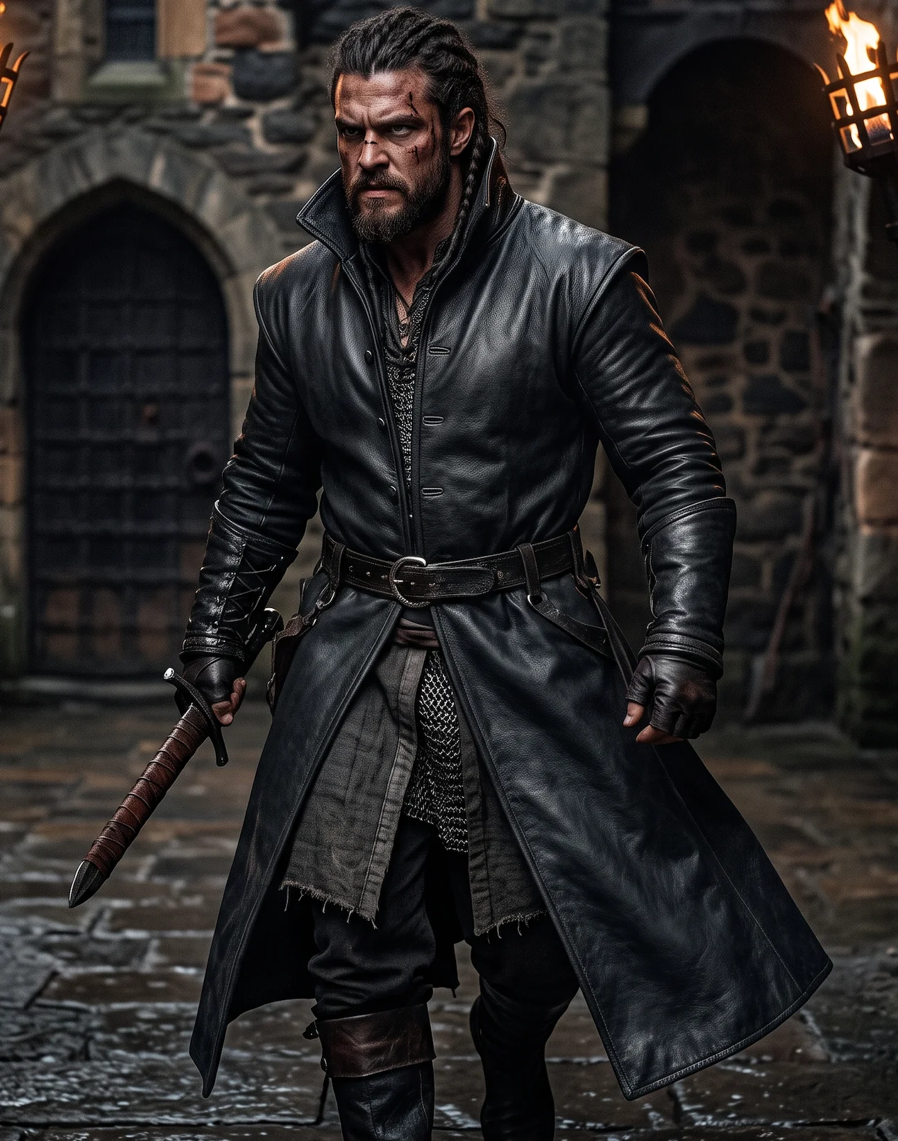 Dark Nomad Full-Length Leather Trench Coat – Medieval Black Duster for Men