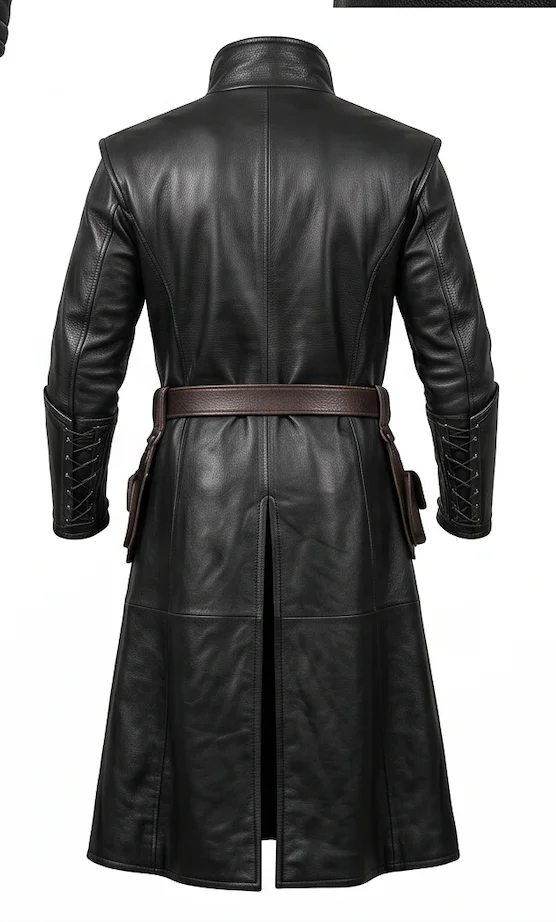 Dark Nomad Full-Length Leather Trench Coat – Medieval Black Duster for Men - Image 3