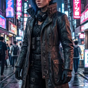 Women’s Cyberpunk Black Leather Trench Coat – Tactical High-Collar Long Coat