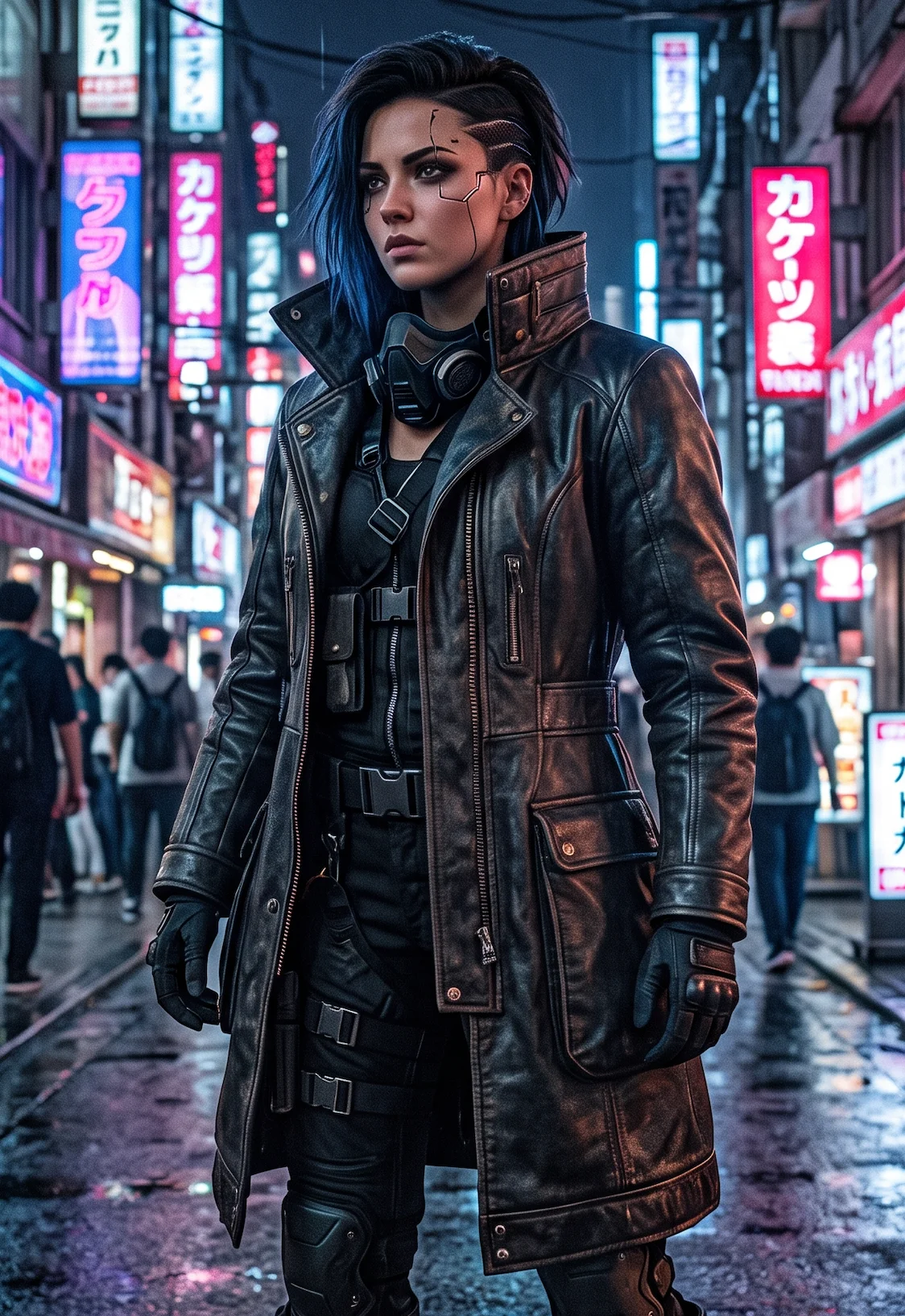 Women’s Cyberpunk Black Leather Trench Coat – Tactical High-Collar Long Coat