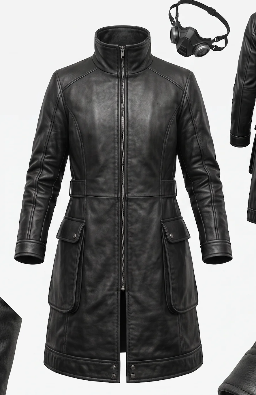 Women’s Cyberpunk Black Leather Trench Coat – Tactical High-Collar Long Coat - Image 2