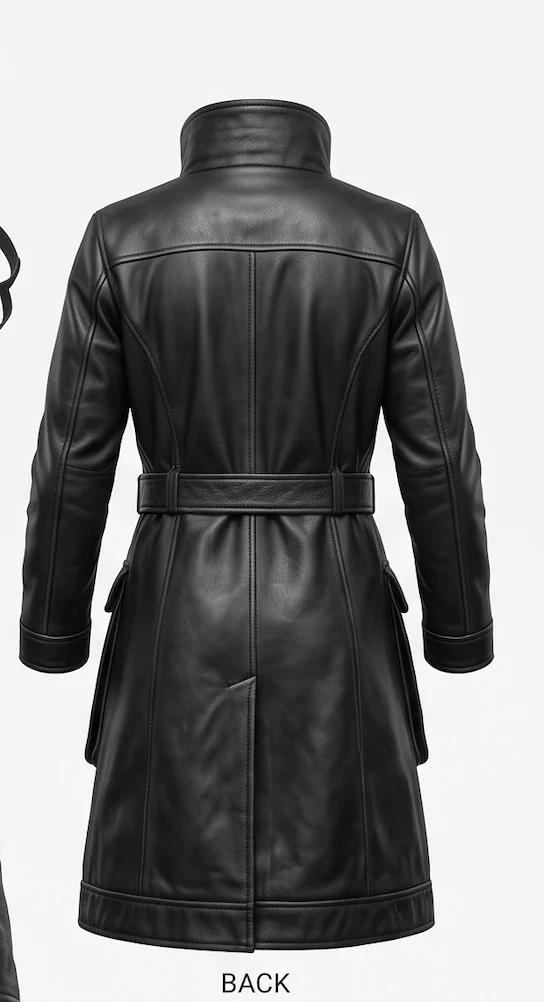 Women’s Cyberpunk Black Leather Trench Coat – Tactical High-Collar Long Coat - Image 3
