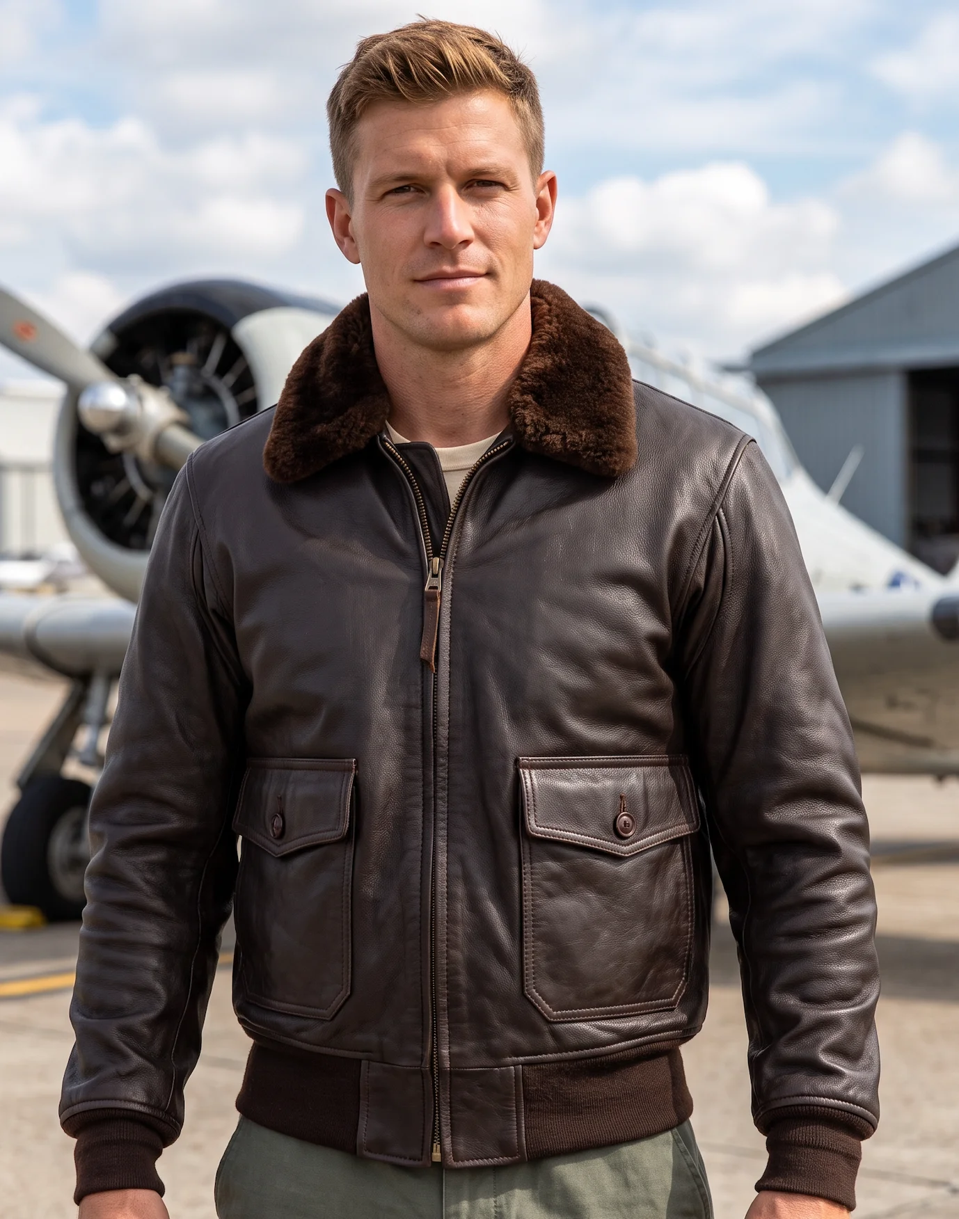 Men's Dark Brown G-1 Style Leather Pilot Jacket with Fur Collar