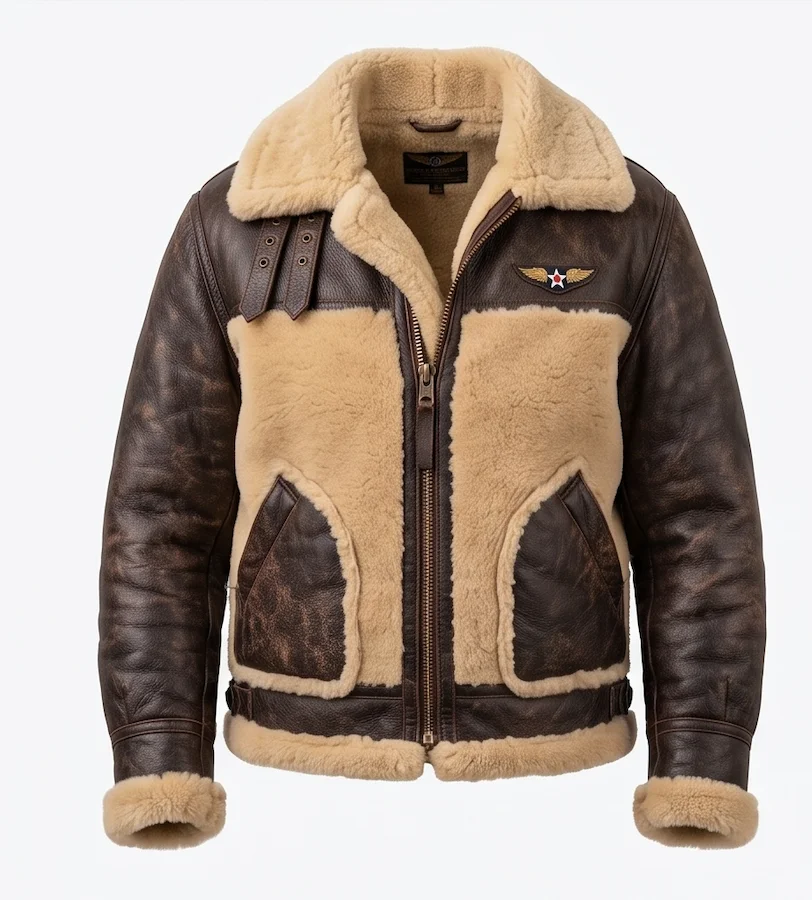 Men’s Vintage ANJ-4 Distressed Brown Shearling Leather Flight Jacket - Image 2