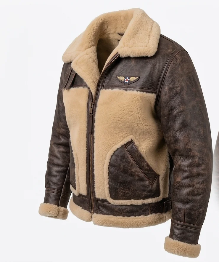Men’s Vintage ANJ-4 Distressed Brown Shearling Leather Flight Jacket - Image 4