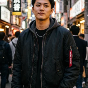 Men's Black MA-1 Flight Bomber Jacket with Integrated Charcoal Fleece Hoodie