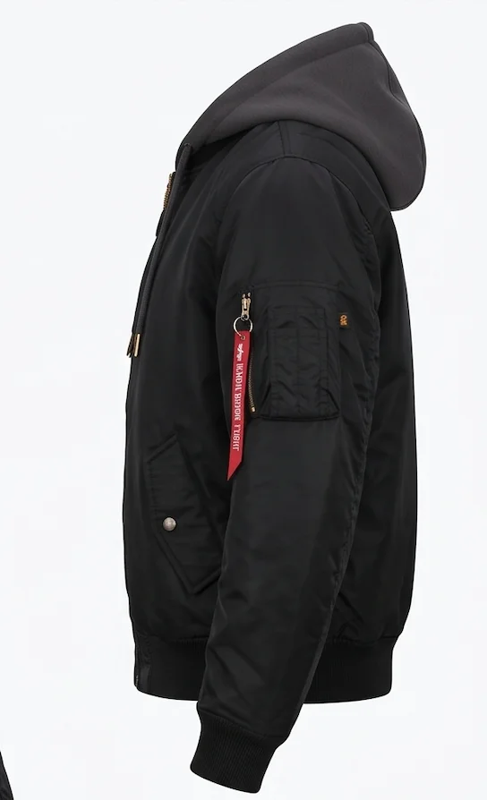 Men's Black MA-1 Flight Bomber Jacket with Integrated Charcoal Fleece Hoodie - Image 6