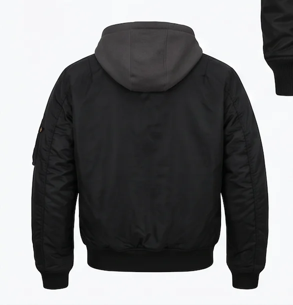 Men's Black MA-1 Flight Bomber Jacket with Integrated Charcoal Fleece Hoodie - Image 3