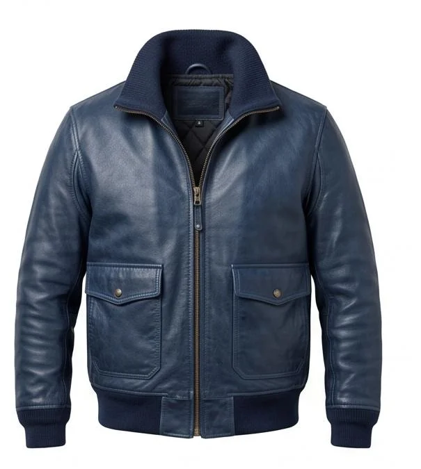 Men's Blue Genuine Leather Military Flight Bomber Jacket - Image 4
