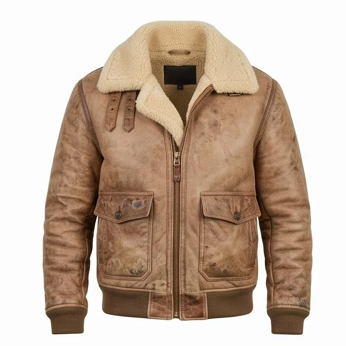 Men's Hand-Distressed Light Brown Aviator Leather Bomber Jacket - Image 3
