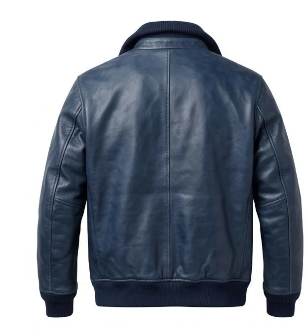 Men's Blue Genuine Leather Military Flight Bomber Jacket - Image 5