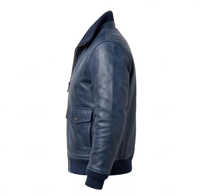 Men's Blue Genuine Leather Military Flight Bomber Jacket - Image 6