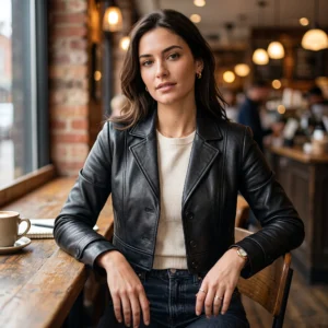 Women's Black Cropped Leather Blazer Jacket