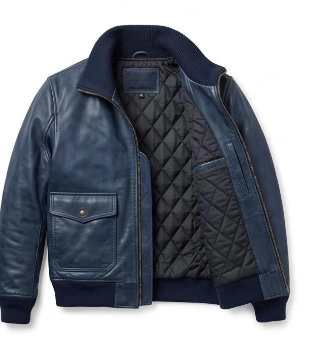 Men's Blue Genuine Leather Military Flight Bomber Jacket - Image 7