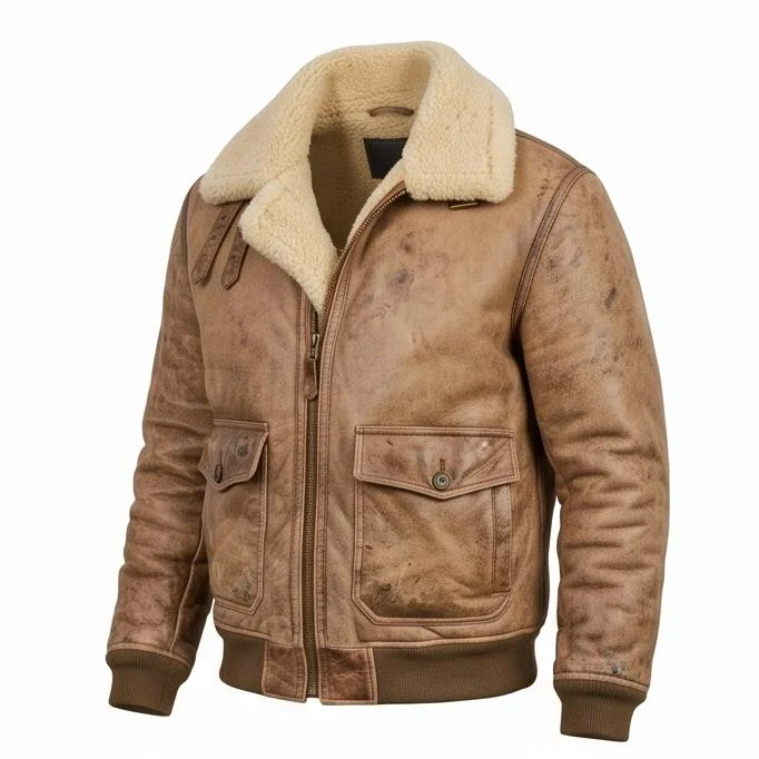 Men's Hand-Distressed Light Brown Aviator Leather Bomber Jacket - Image 6