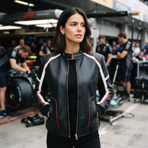Women's F1 Inspired Racing Leather Jacket with Contrast Stripes