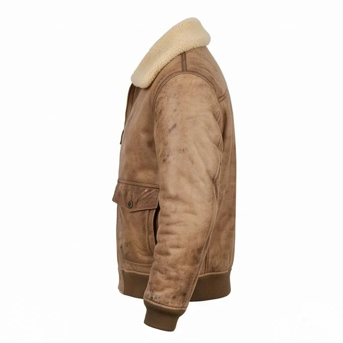 Men's Hand-Distressed Light Brown Aviator Leather Bomber Jacket - Image 5